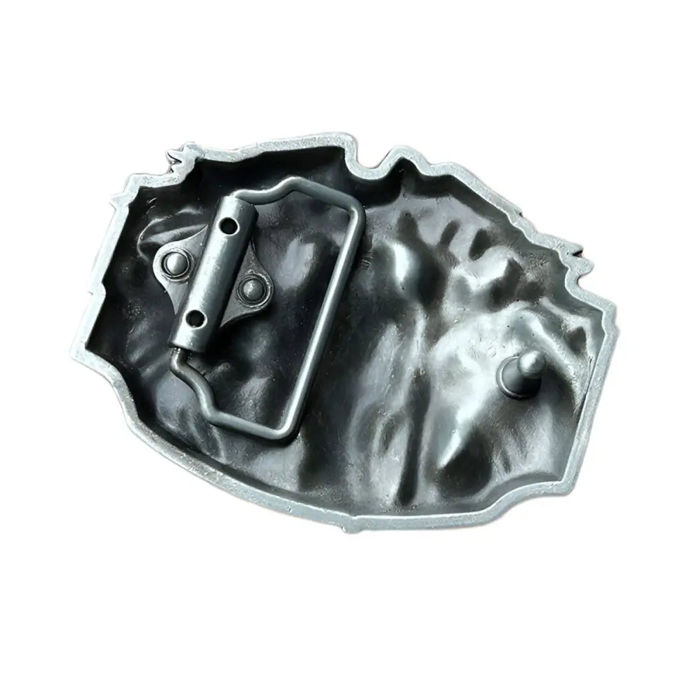 Back view of Vietnam Veteran belt buckle featuring silver-toned military figures and red stripes