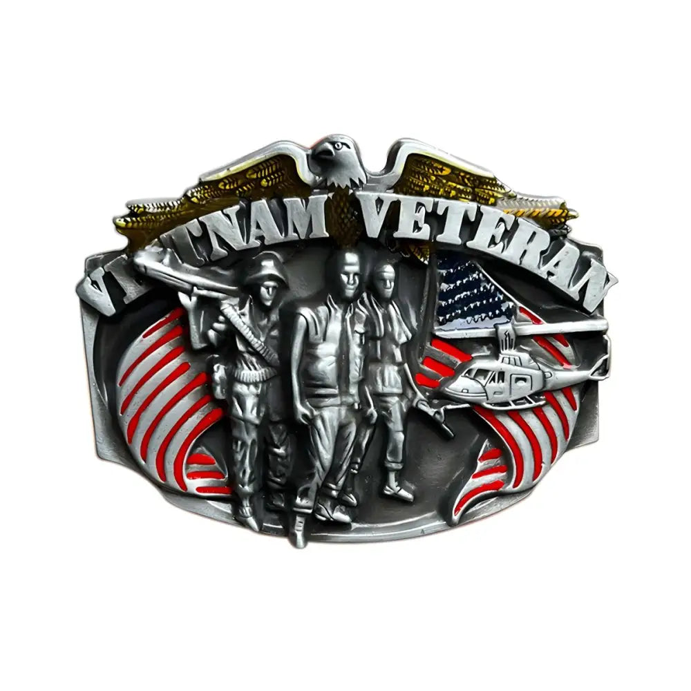 Vietnam veteran belt buckle featuring silver-toned military figures and red stripes