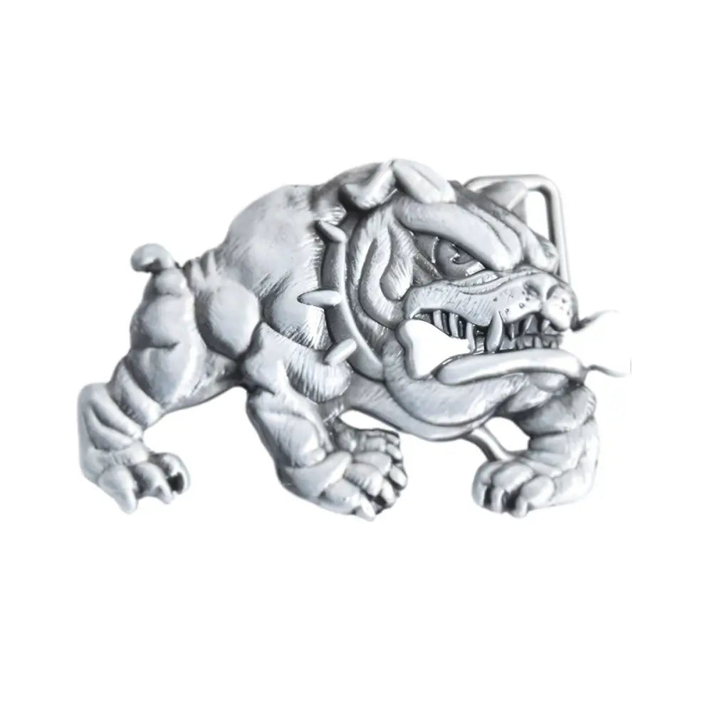 Silver Bulldog belt buckle with bone design, a stylish accessory for dog lover enthusiasts