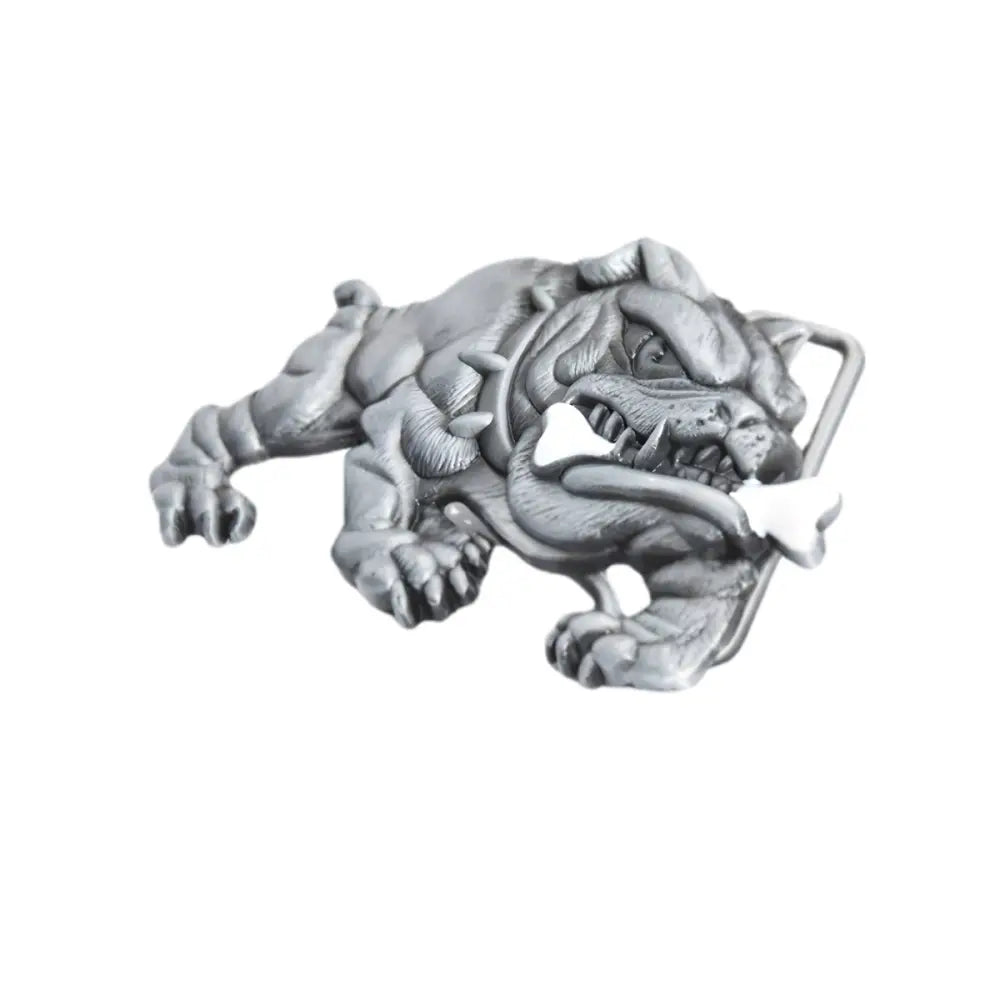 Silver Bulldog belt buckle with bone design, stylish accessory for dog lovers