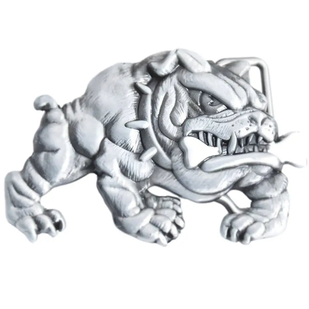 Silver Bulldog belt buckle with bone design showcasing a stylish and durable accessory