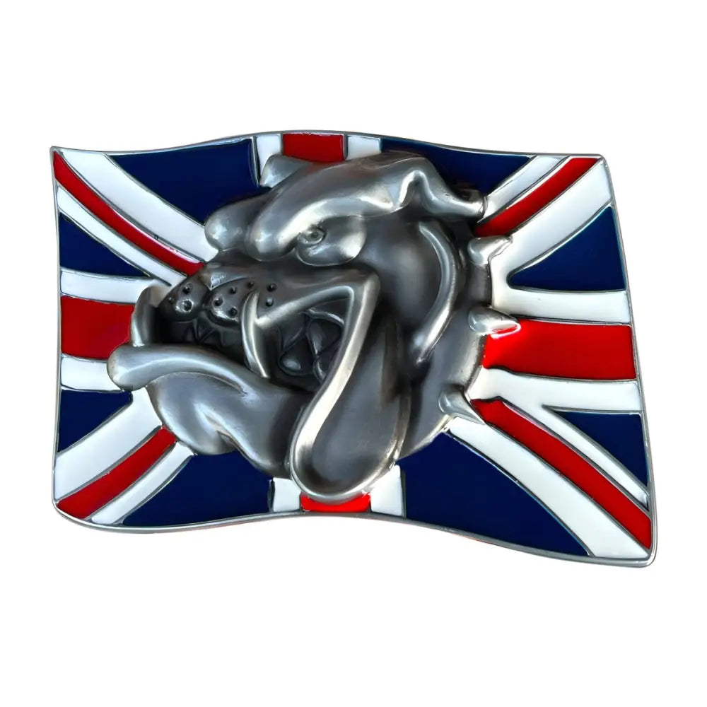 Silver Bulldog Belt Buckle featuring Union Jack design for stylish British-inspired fashion