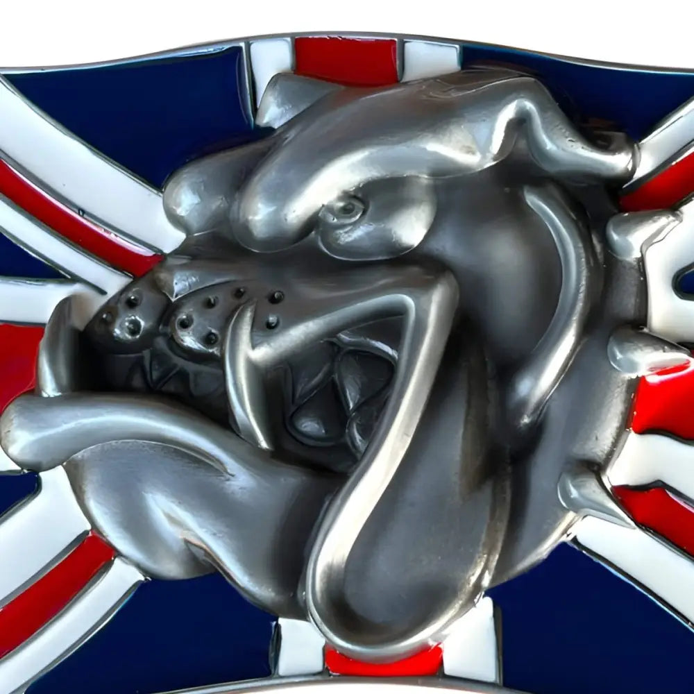 Silver Bulldog Belt Buckle with Union Jack Design displayed in the product image