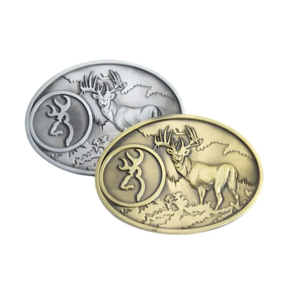 Elegant animal belt buckle featuring a majestic stag and logo design for stylish accessories
