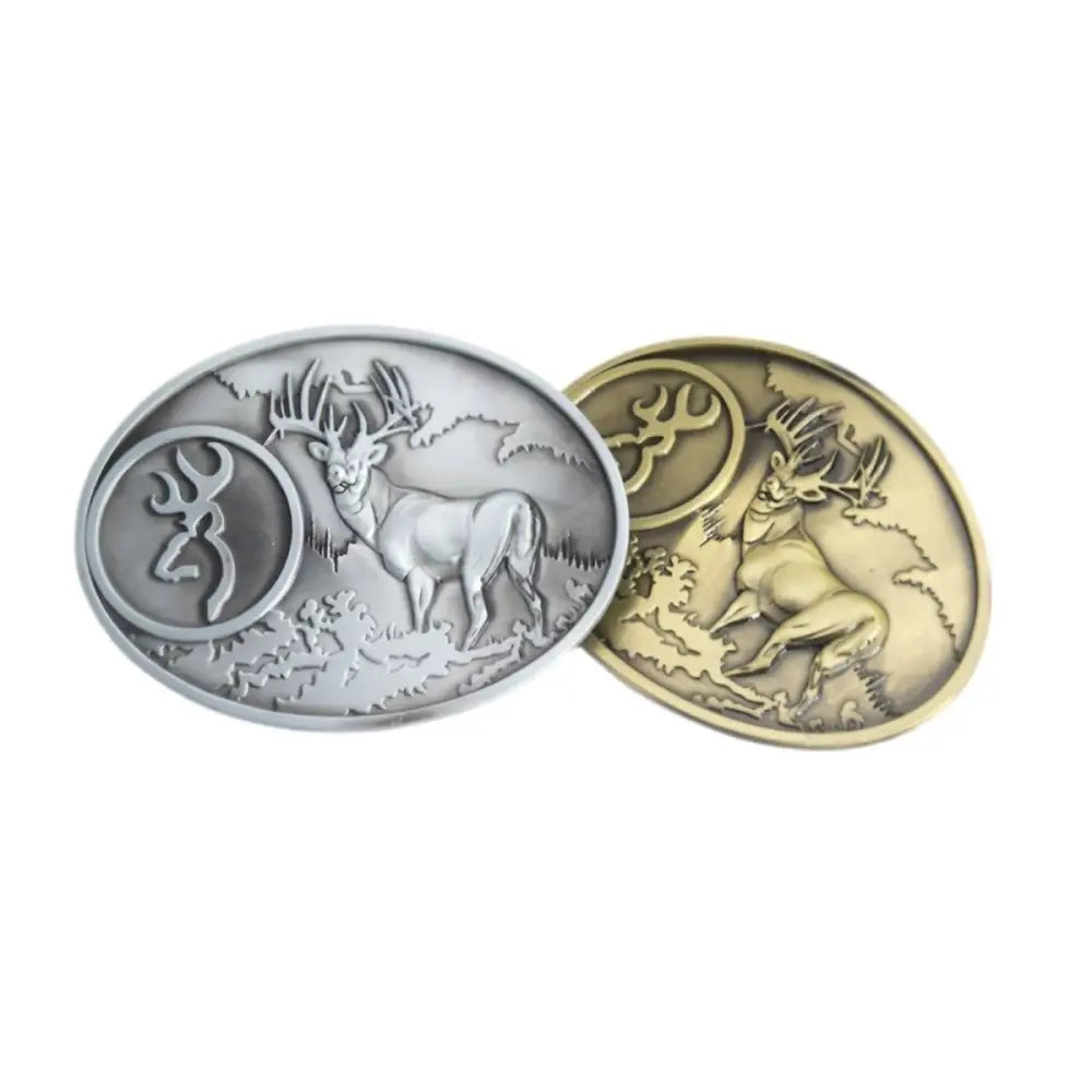 Animal belt buckle featuring deer design and logo for stylish accessory use