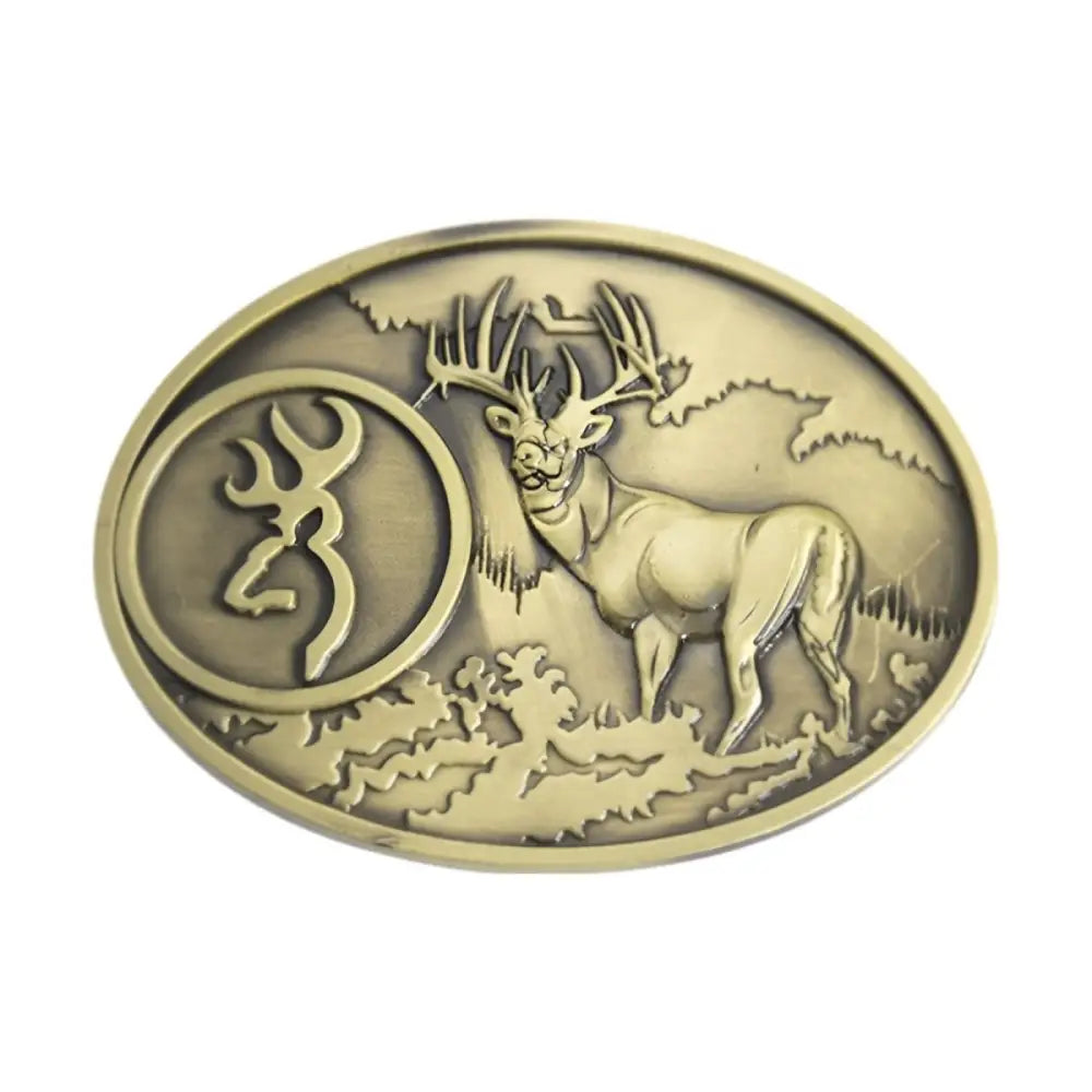 Oval brass belt buckle featuring a deer design for stylish animal belt accessories