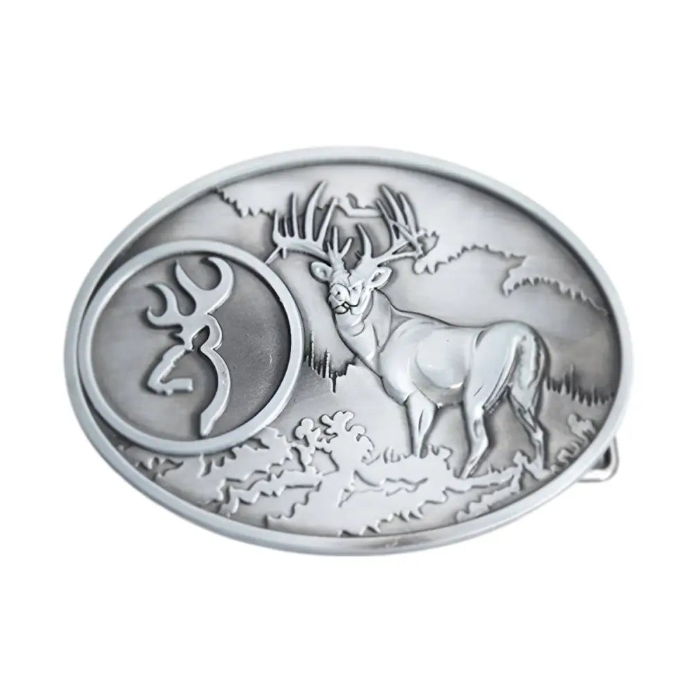 Silver animal belt buckle featuring a majestic stag and logo for stylish accessories