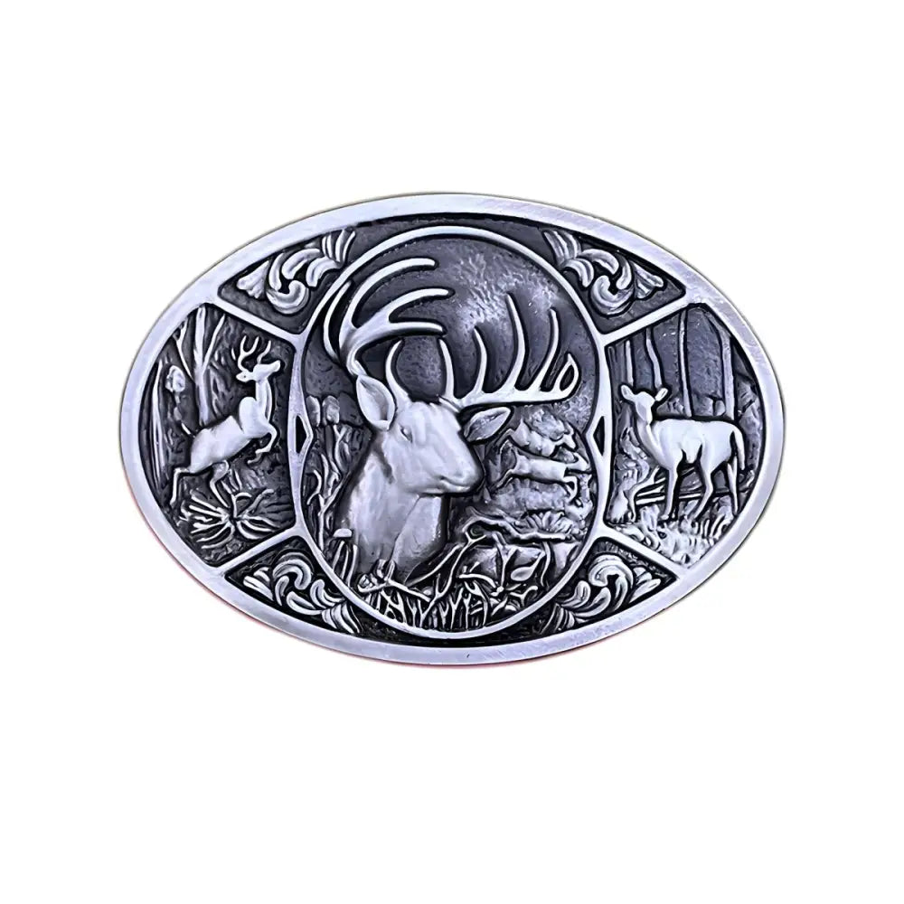 Oval belt buckle featuring a detailed silver deer scene for Western or casual wear