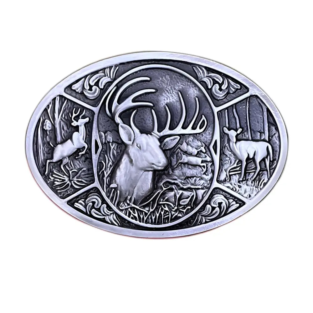 Oval belt buckle featuring a detailed deer scene in silver finish