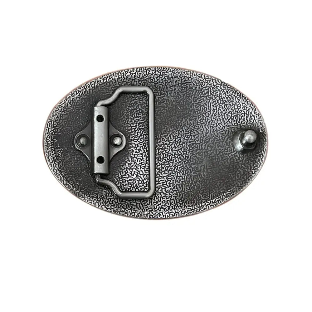 Oval metal belt buckle featuring a Silver Deer Medallion with Deer Scene design