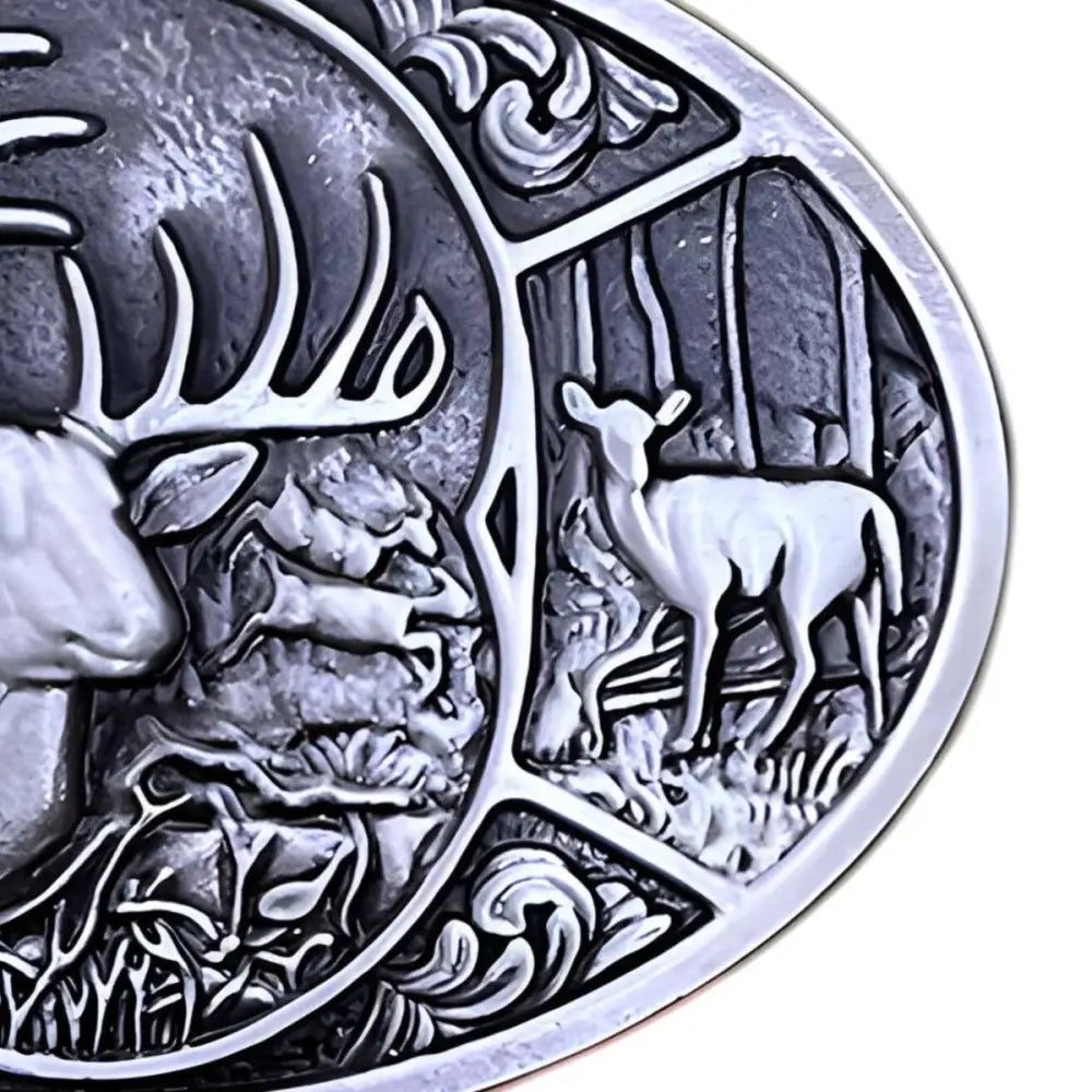 Silver deer-themed medallion belt buckle featuring detailed Deer Scene design