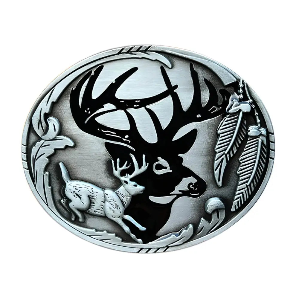 Silver deer belt buckle with oval design, crafted for stylish and durable belt accessories