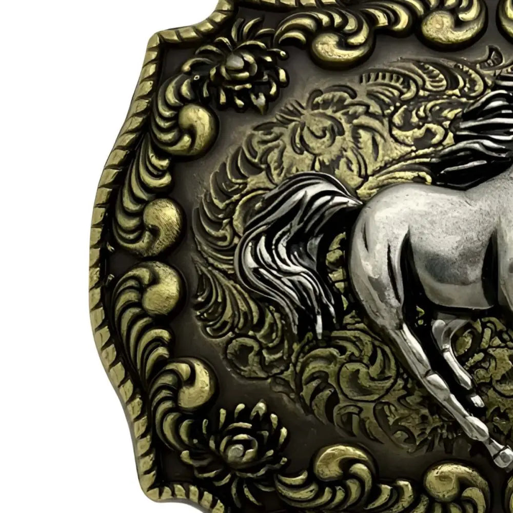 Ornate horse belt buckle for elegant Western apparel showcasing detailed craftsmanship