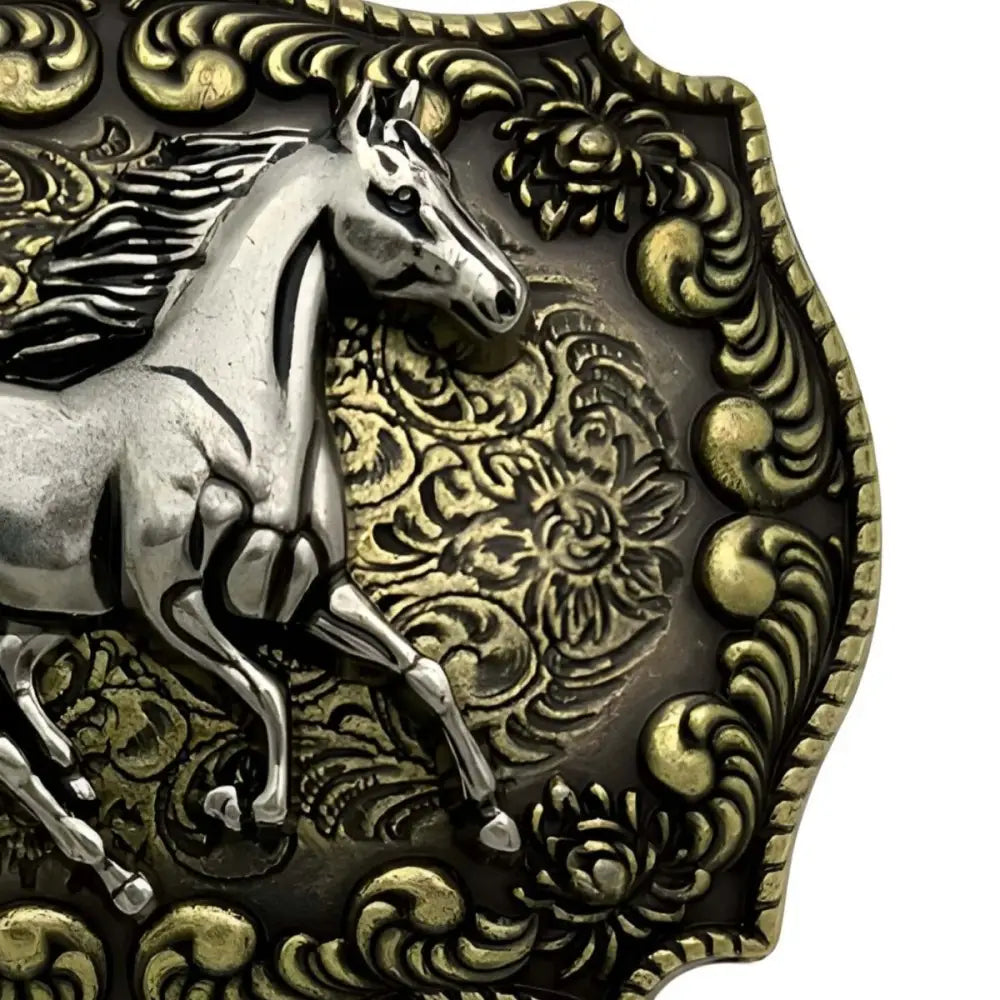 Ornate horse belt buckle for elegant Western apparel with intricate design details