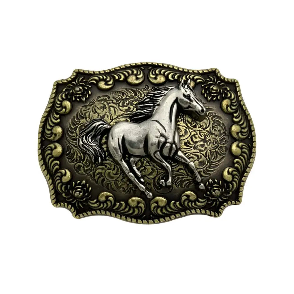 Ornate horse belt buckle for elegant Western apparel highlighting detailed craftsmanship