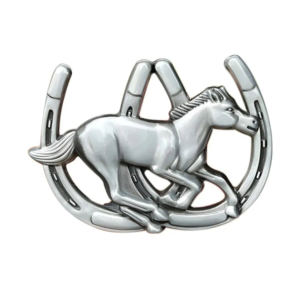 Silver horse and horseshoe emblem belt buckle for elegant Western style accessory