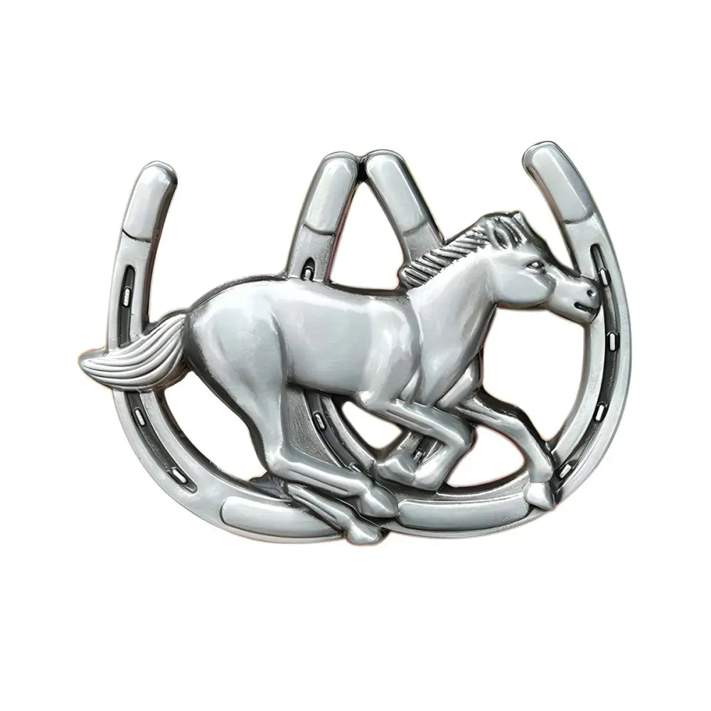 Silver horse and horseshoe emblem belt buckle for elegant Western style fashion