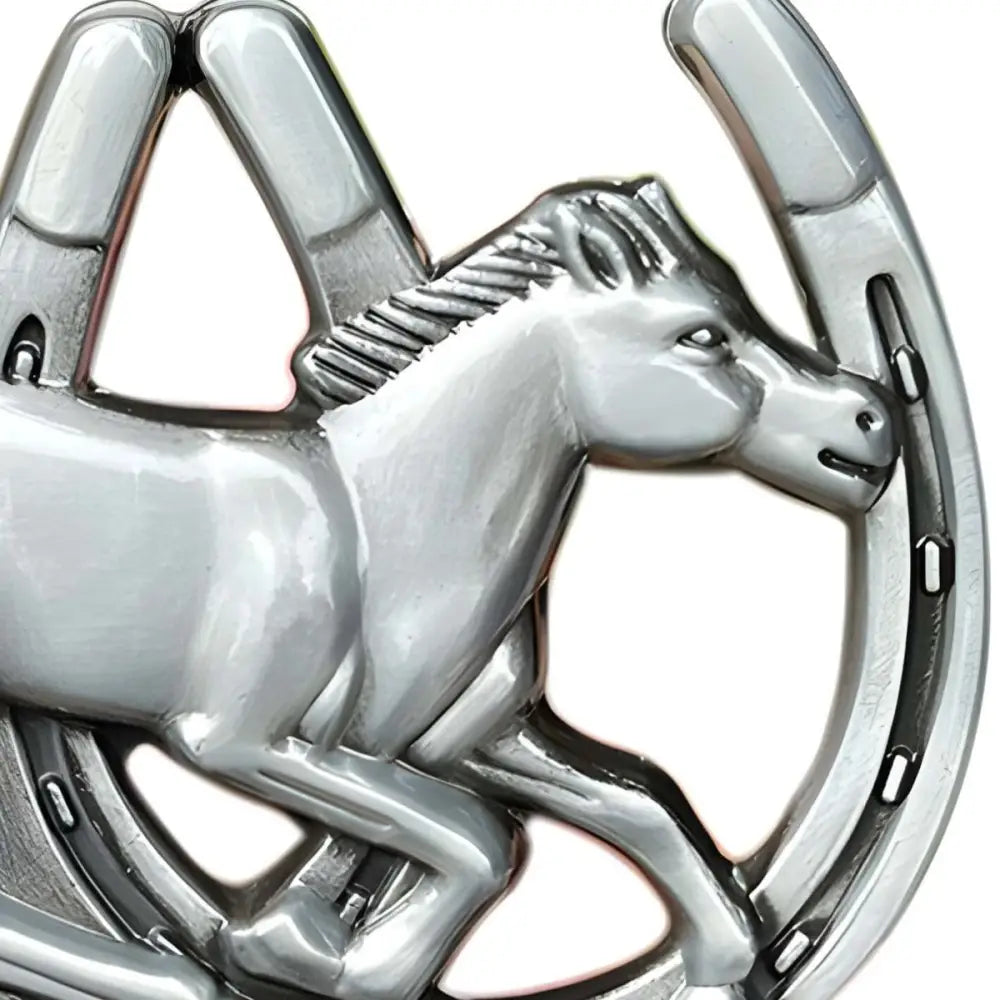 Silver horse and horseshoe emblem belt buckle for Western style elegance