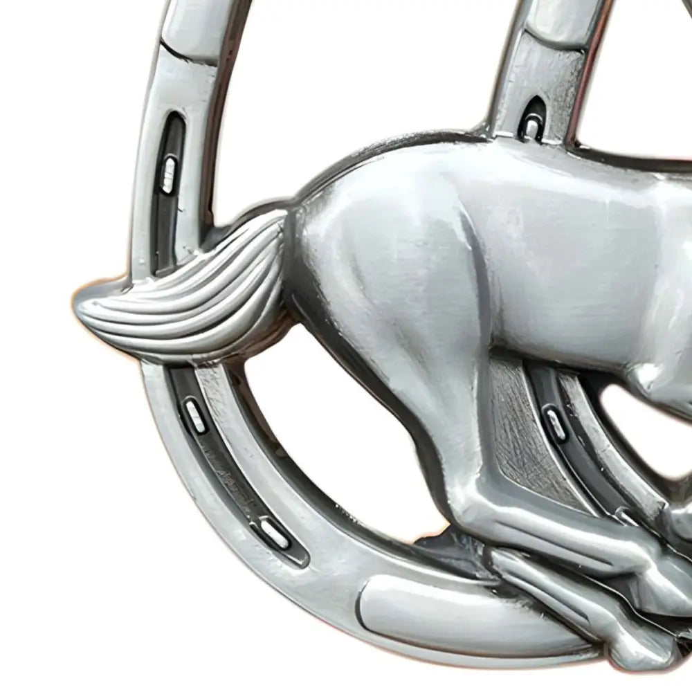 Silver horse and horseshoe belt buckleEnhance your Western style with this elegant belt buckle
