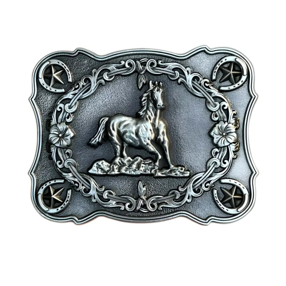 Silver ornate horse belt buckle showcasing equine elegance, ideal as an animal belt buckle