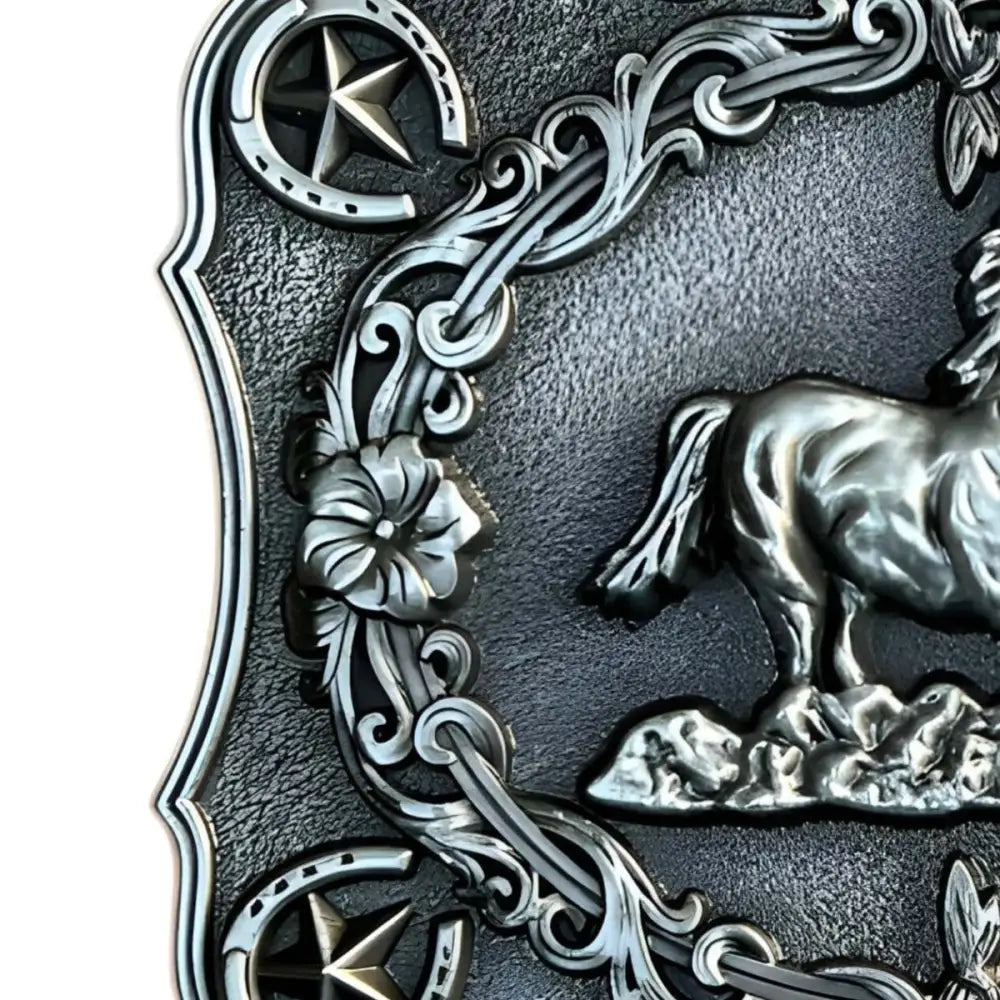Ornate silver horse belt buckle demonstrating equine elegance and animal belt buckle design