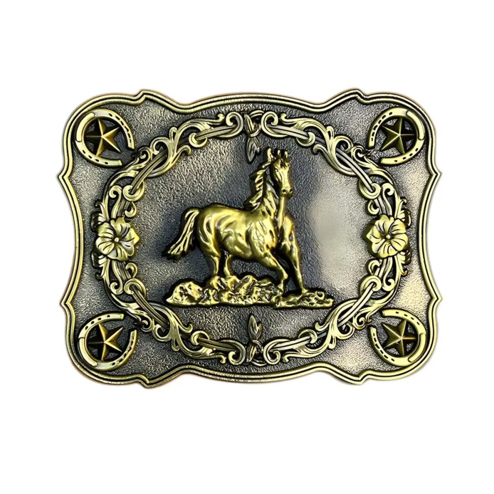Silver ornate horse belt buckle showcasing equine elegance and animal belt buckle design