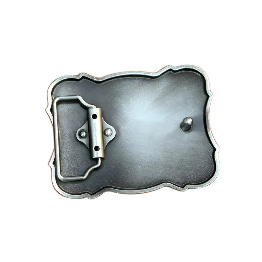 Metal belt buckle back featuring intricate silver design showcasing equine elegance