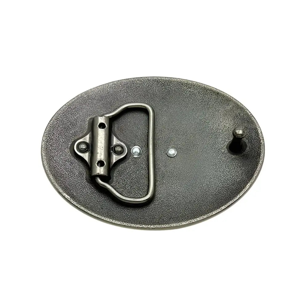 Oval metal belt buckle featuring a galloping horse by Randy Model for stylish belts