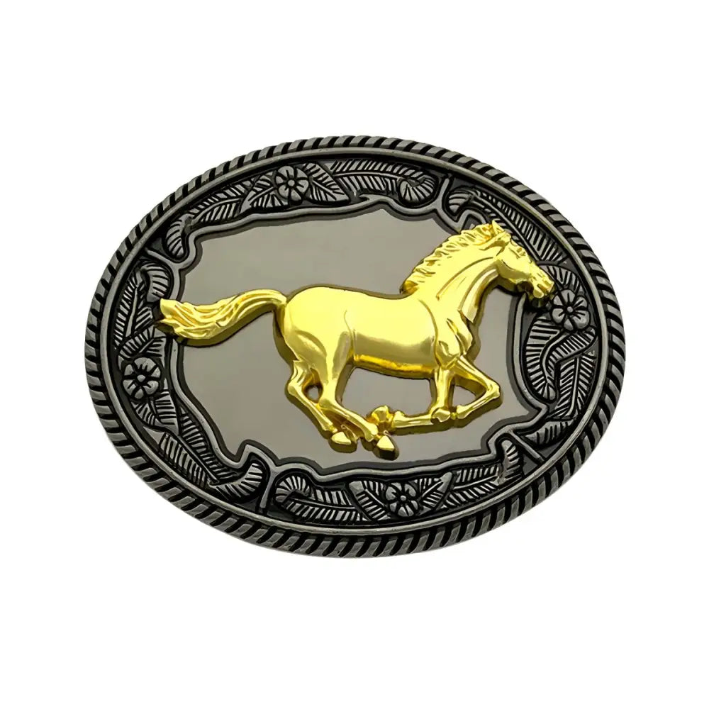 Oval belt buckle with a golden galloping horse by Randy Model for stylish accessories