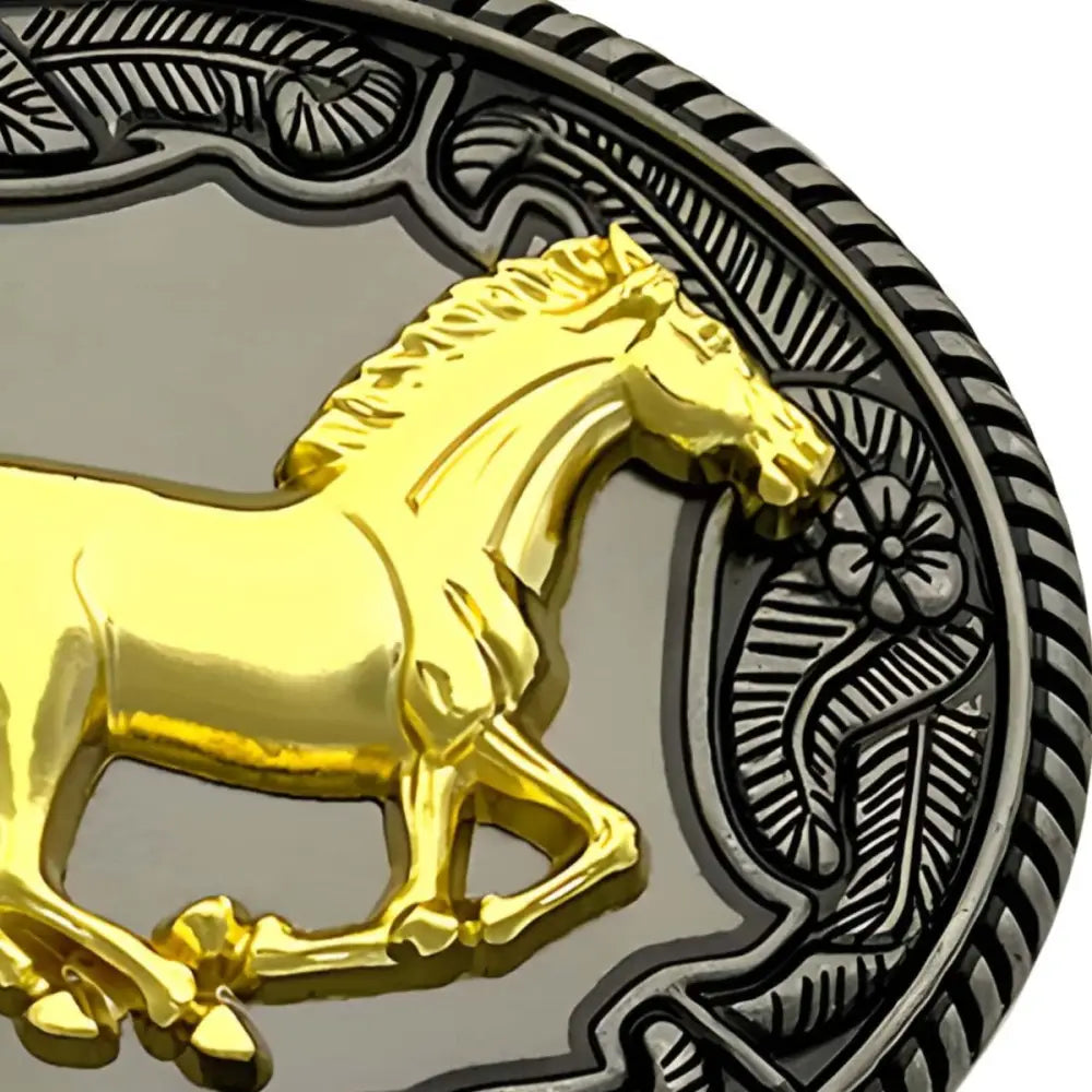 Gold horse belt buckle featuring a galloping horse by Randy Model