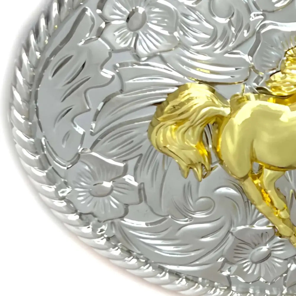 Silver and Gold Floral Belt Buckle with Oval Design for Horse Belts