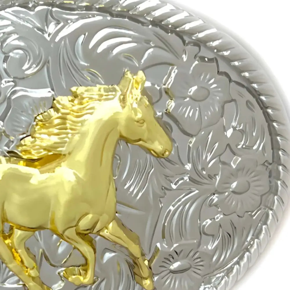 Silver and gold horse belt buckle with oval design for stylish western accessories