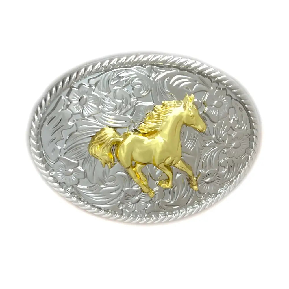 Oval belt buckle featuring a gold horse design on a silver background