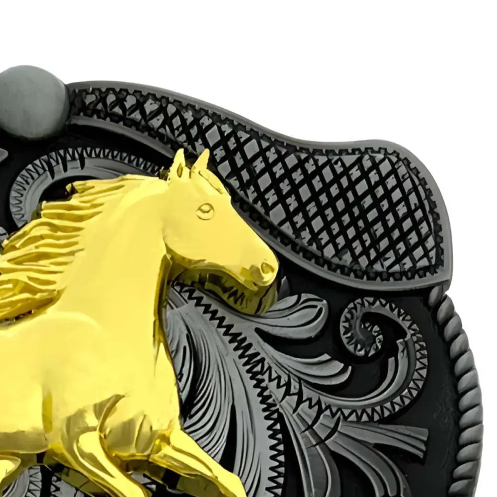 Gold ornate horse belt buckle for stylish Western wear showcasing intricate design