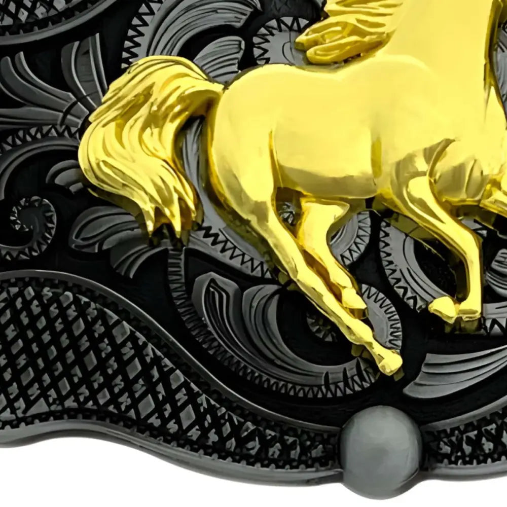Ornate belt buckle featuring a golden horse for stylish Western wear fashion