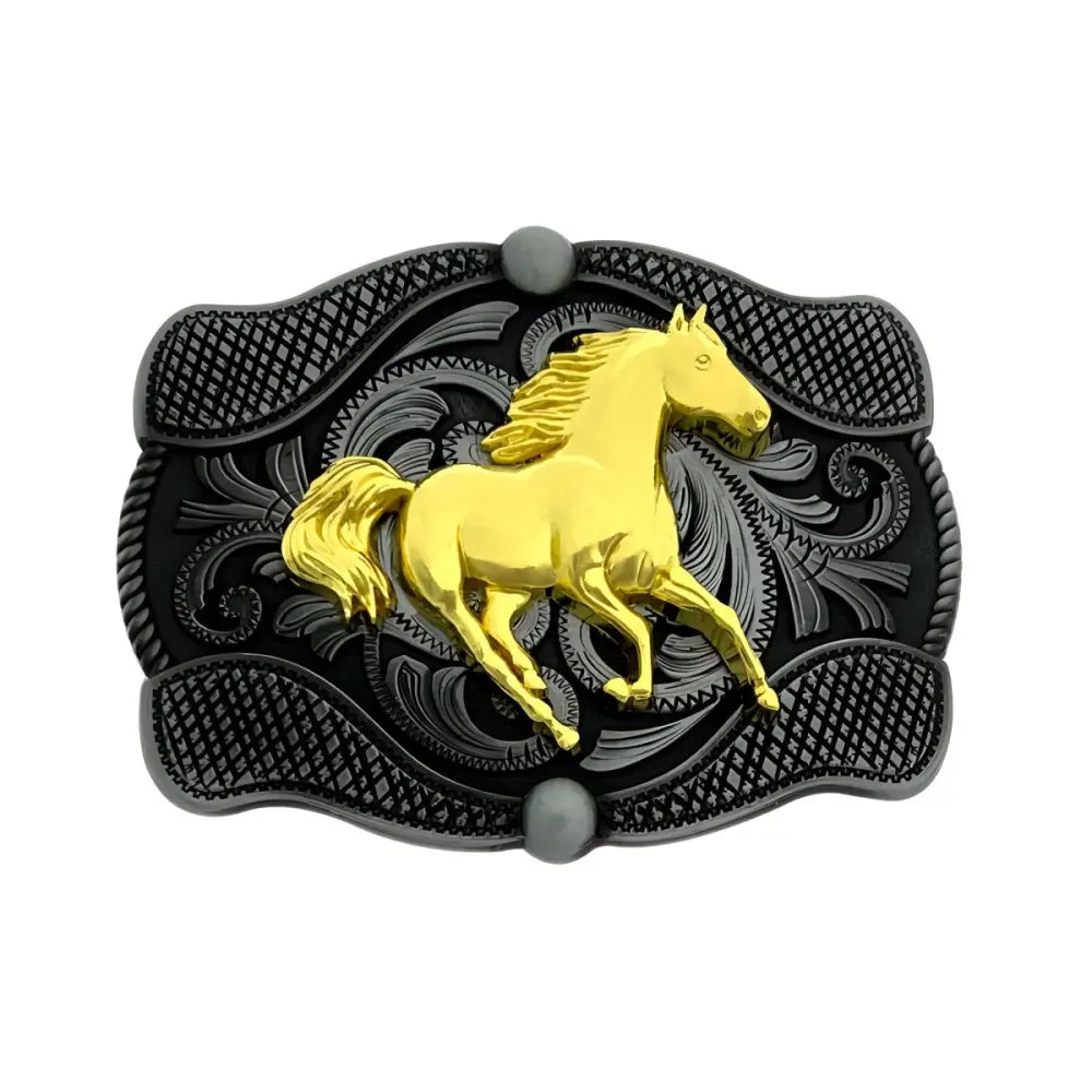 Gold ornate horse belt buckle designed for stylish Western wear accessory