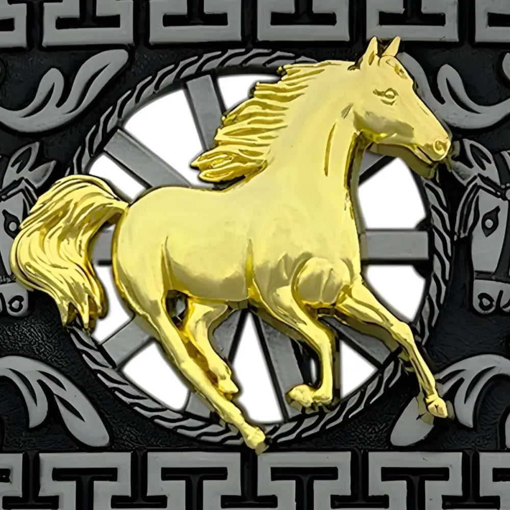 Golden horse belt buckle for elegant horseback riding accessory product display