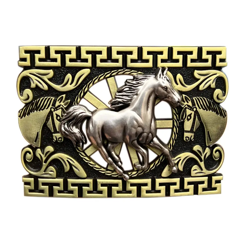 Ornate silver horse-themed belt buckle for horseback riding accessory and stylish belts
