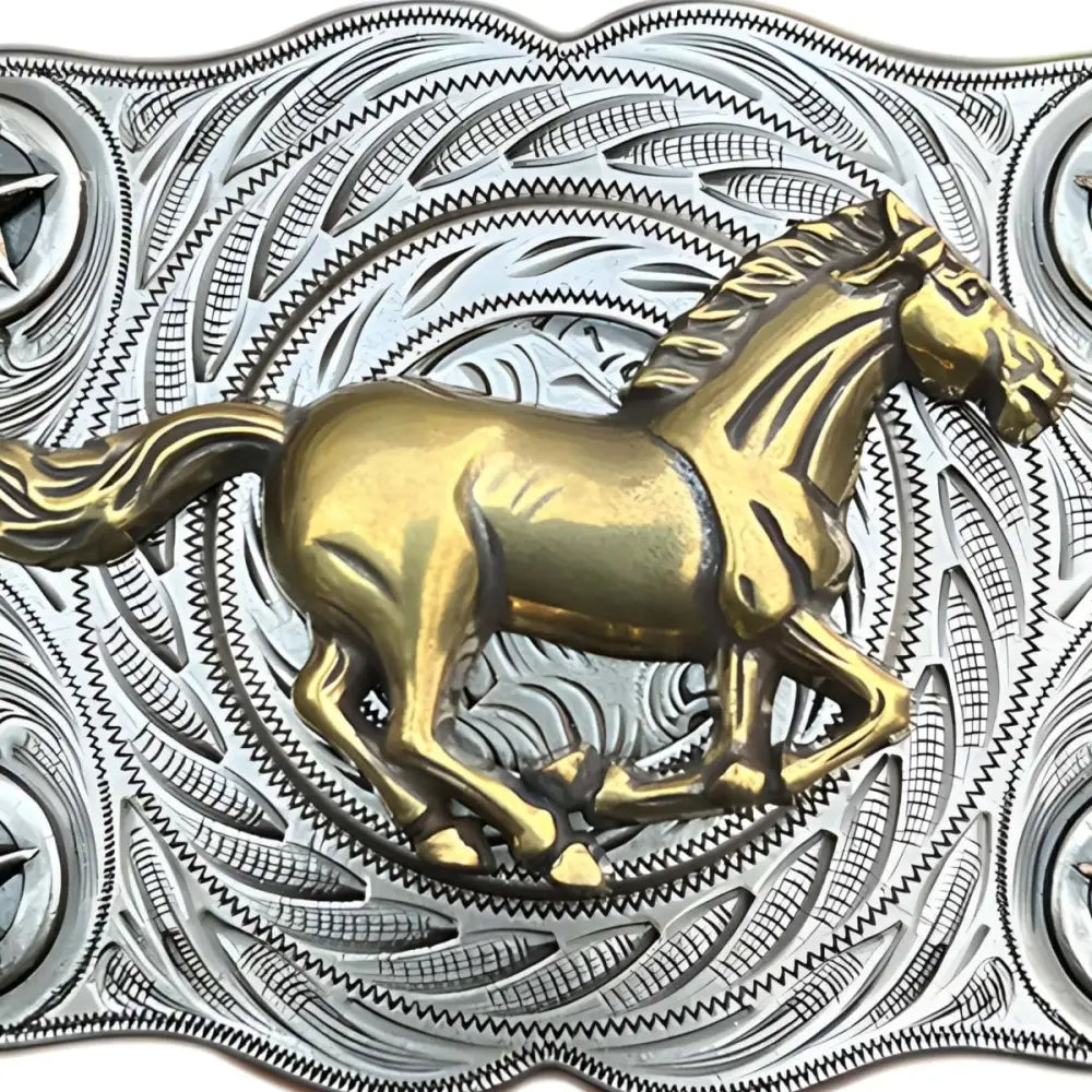 Ornate silver and gold horse belt buckle for elegant western style product image