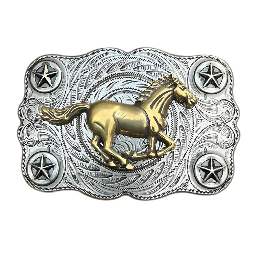 Ornate silver and gold horse belt buckle for elegant Western style accessory