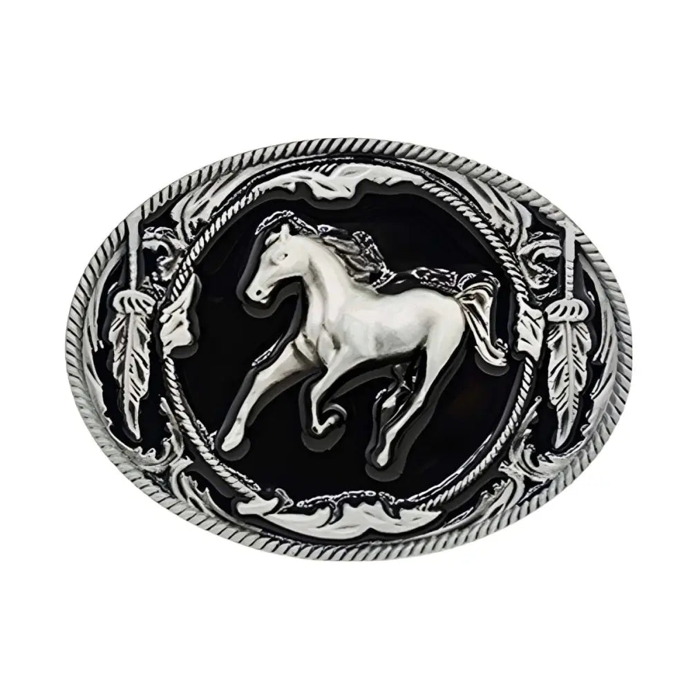 Silver horse belt buckle with oval design suitable for stylish belt accessories