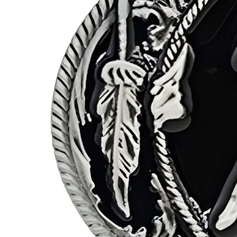 Elegant silver belt buckle featuring feather and rope design for the Silver Horse Belt Buckle with Oval Design