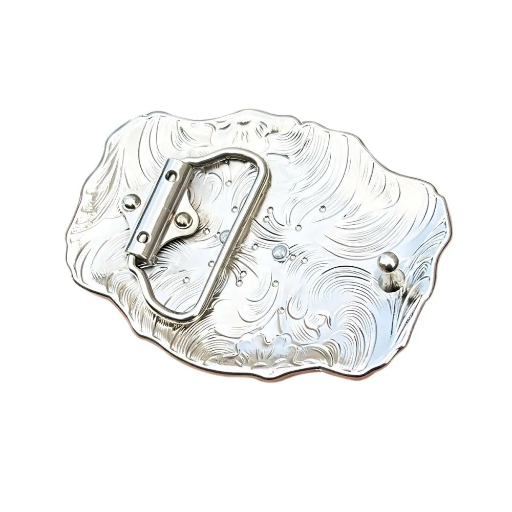 Ornate Silver Belt Buckle featured in the Ornate Gold Horse Belt Buckle product display