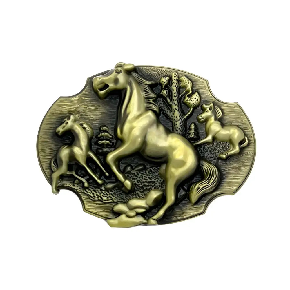 Bronze-colored horse belt buckle featuring intricate horse family sculpture design