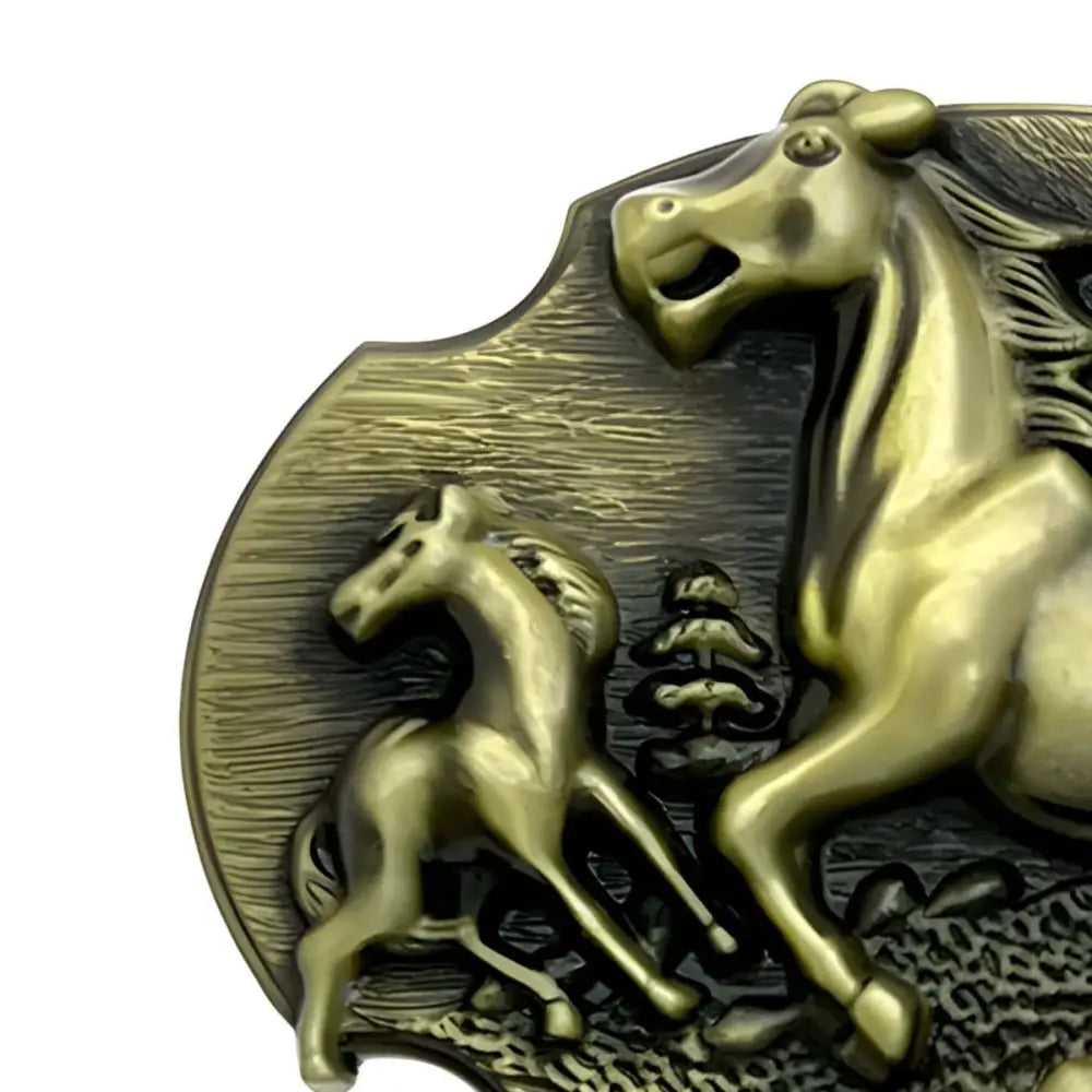 Bronze-colored horse family sculpture belt buckle for connoisseurs showcasing intricate craftsmanship