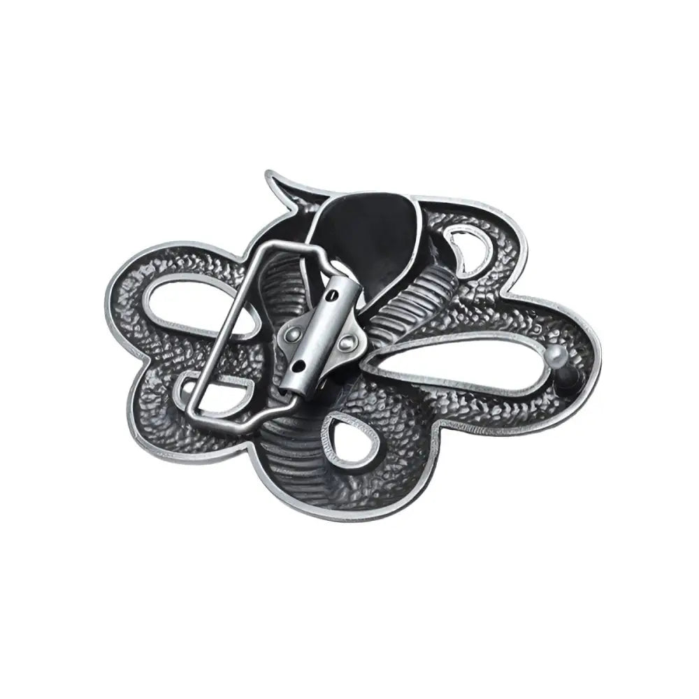 Silver Cobra belt buckle with metal snake design on animal leather belt accessory