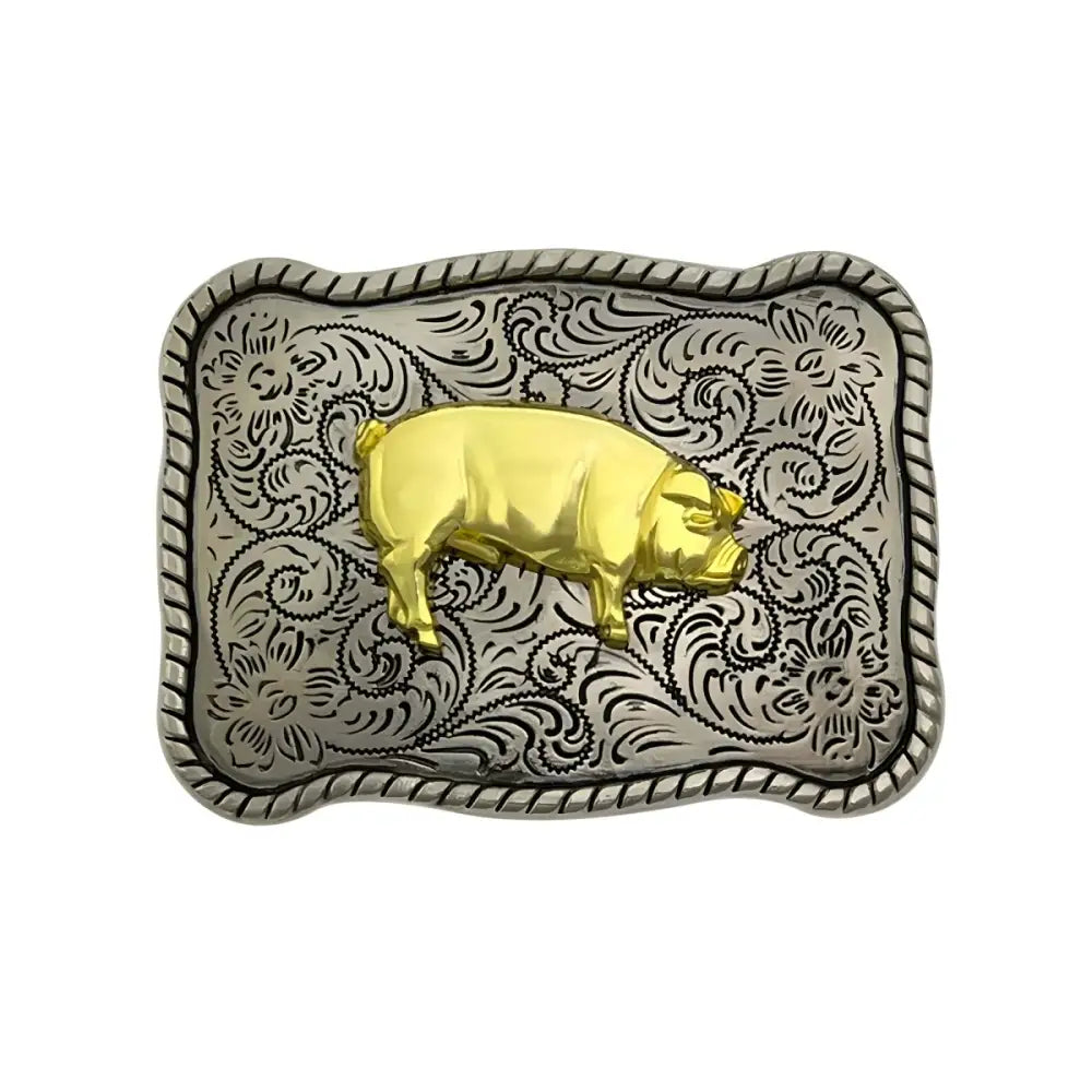 Ornate gold and silver belt buckle featuring a detailed pig animal design