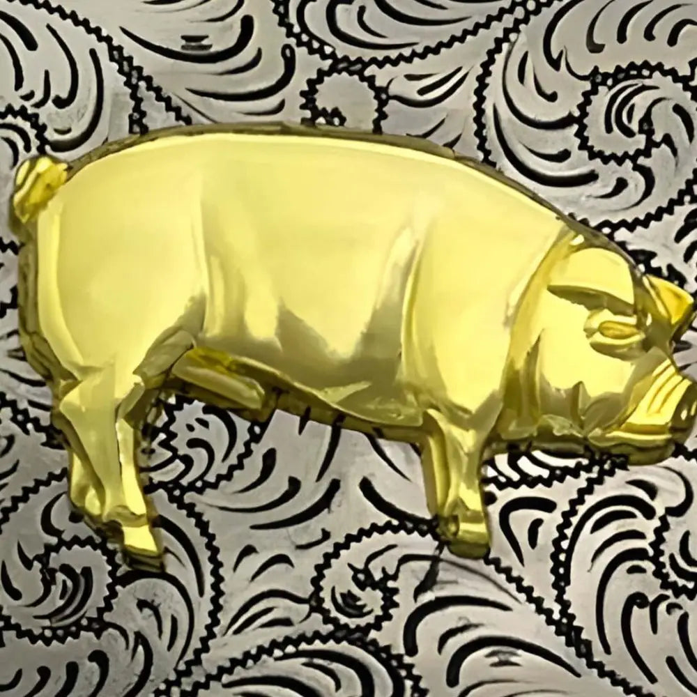 Golden pig belt buckle with ornate silver and gold design, perfect for animal pig belt accessories