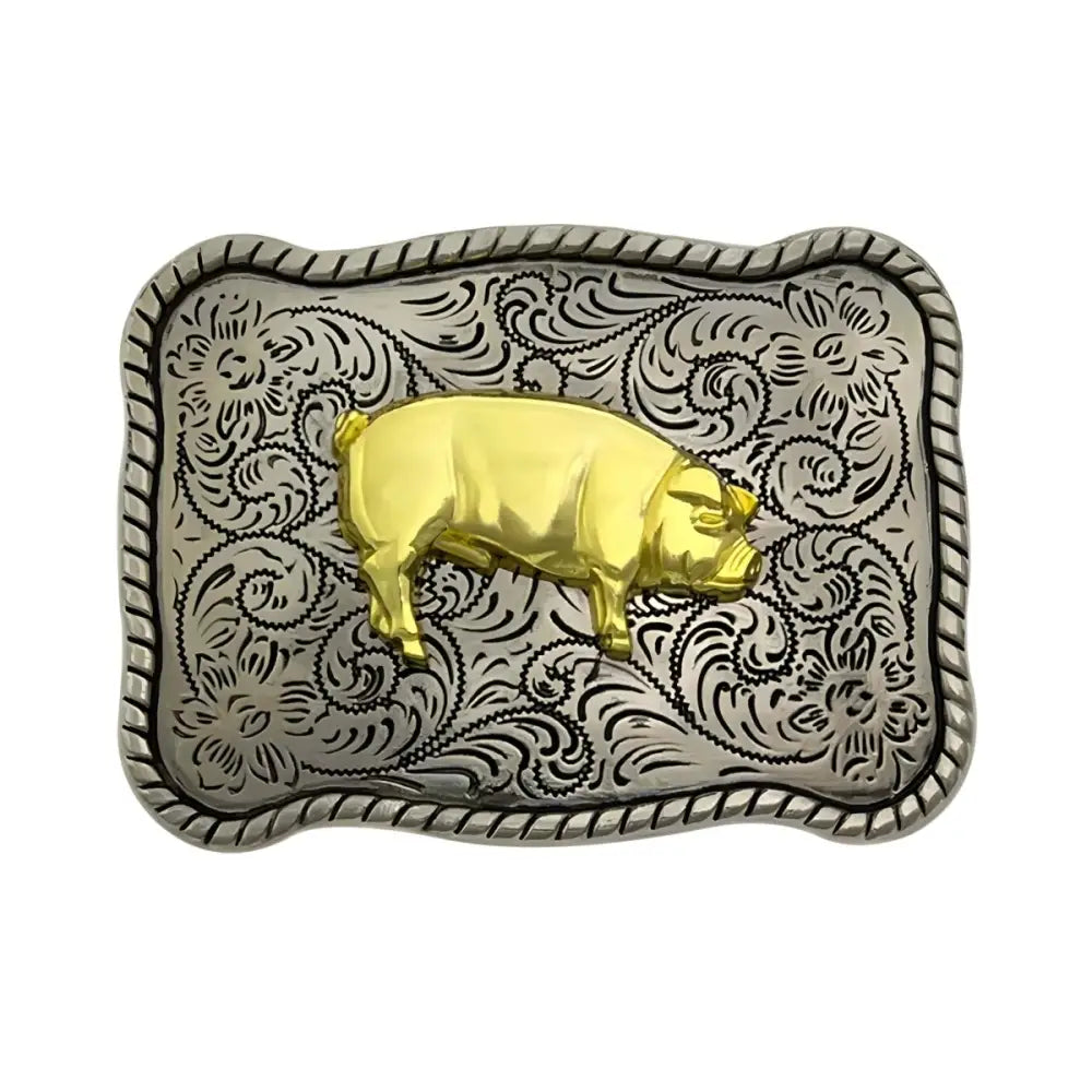 Ornate silver and gold pig belt buckle, animal pig belt accessory for stylish waistwear