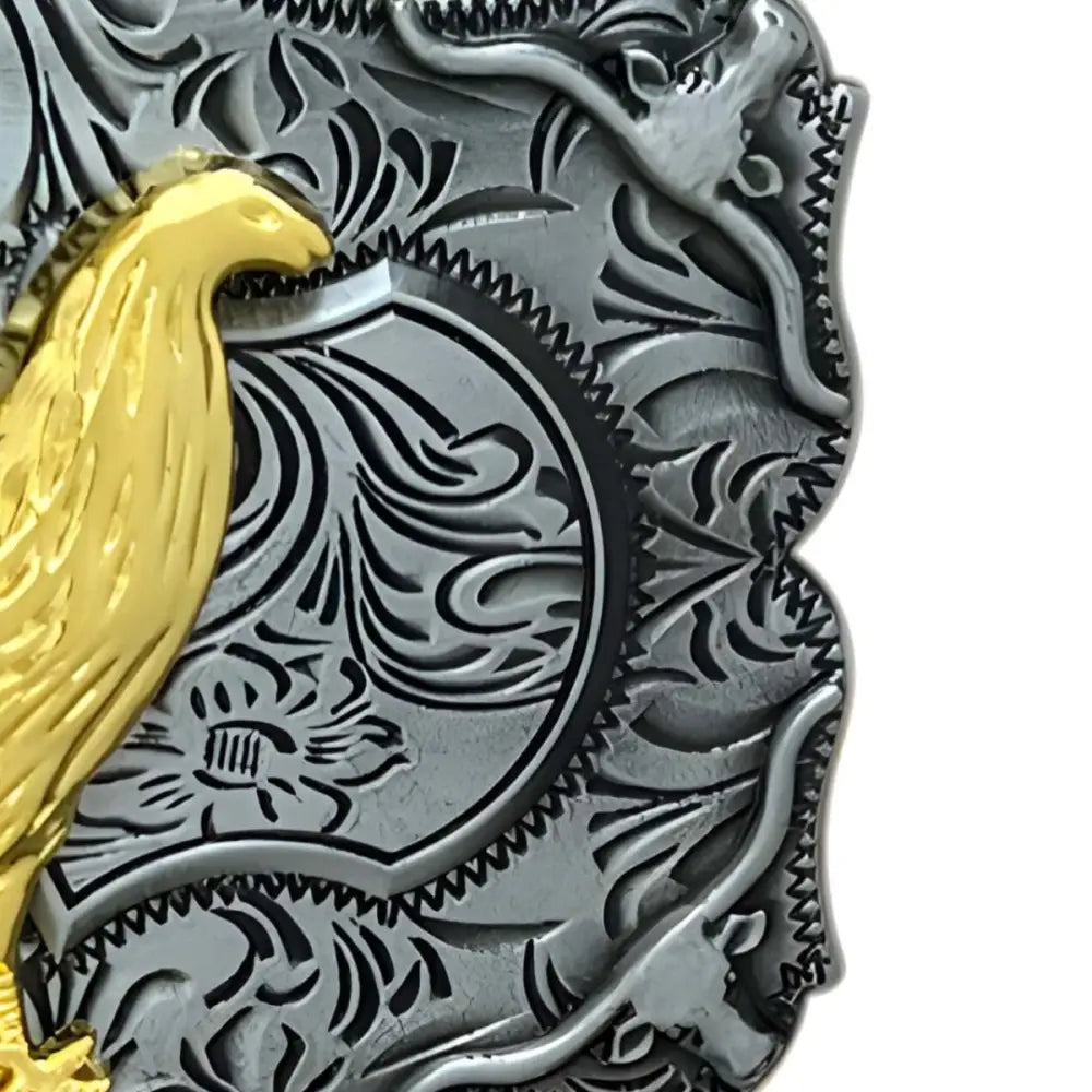Morning Shine belt buckle featuring an ornate silver and gold rooster design